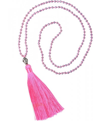 Exclusive Crystal Beaded Necklace Luxury Silver Buddha Head Tassel Long Necklace Light Pink R $8.21 Necklaces