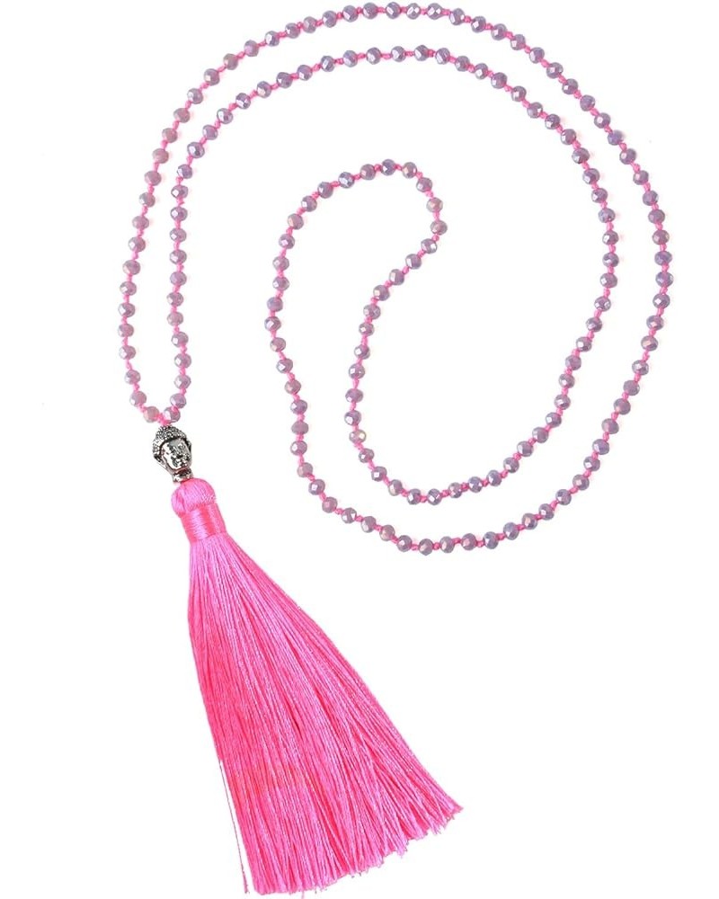 Exclusive Crystal Beaded Necklace Luxury Silver Buddha Head Tassel Long Necklace Light Pink R $8.21 Necklaces