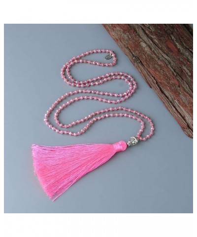 Exclusive Crystal Beaded Necklace Luxury Silver Buddha Head Tassel Long Necklace Light Pink R $8.21 Necklaces