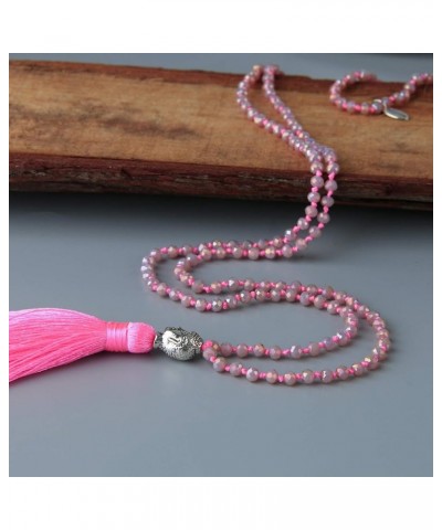 Exclusive Crystal Beaded Necklace Luxury Silver Buddha Head Tassel Long Necklace Light Pink R $8.21 Necklaces