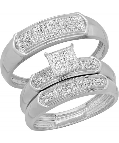 0.30 Carat (ctw) Round White Diamond Men & Women's Micro Pave Trio Bridal Wedding Set 1/3 CT, 14K White Gold womens size 4.5 ...