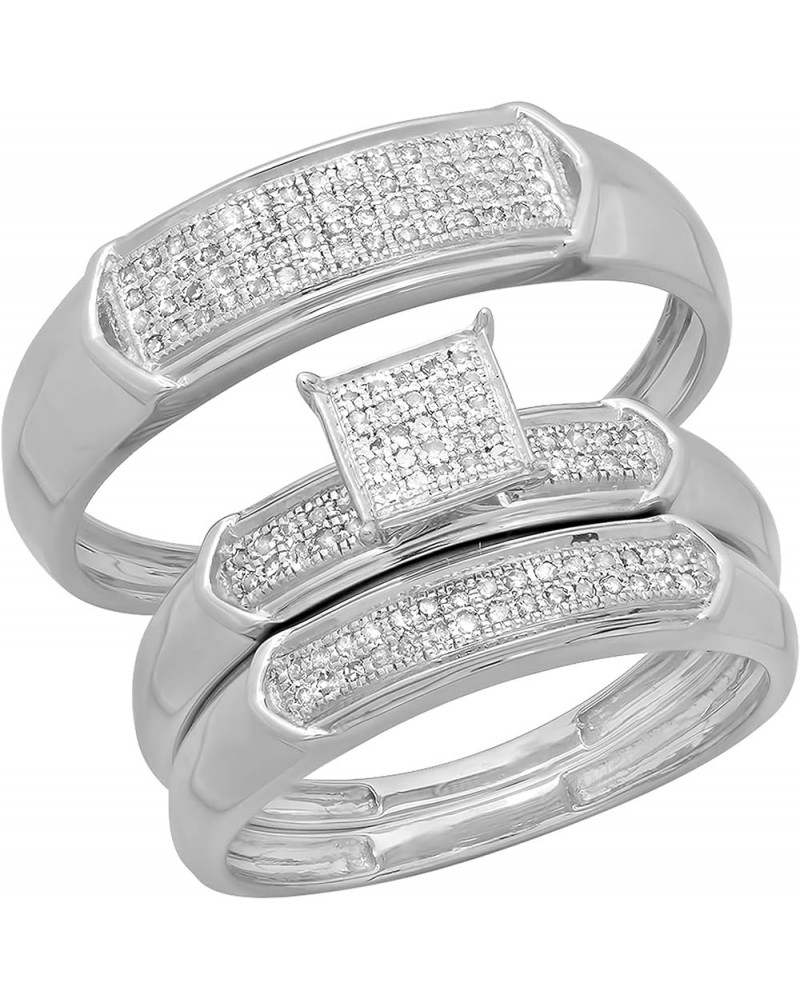 0.30 Carat (ctw) Round White Diamond Men & Women's Micro Pave Trio Bridal Wedding Set 1/3 CT, 14K White Gold womens size 4.5 ...