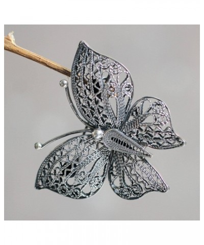 Handmade .925 Sterling Silver Filigree Brooch Pin Butterfly Aged Peru Animal Themed [1.4 in L x 1.7 in W] 'Aged Catacaos Butt...