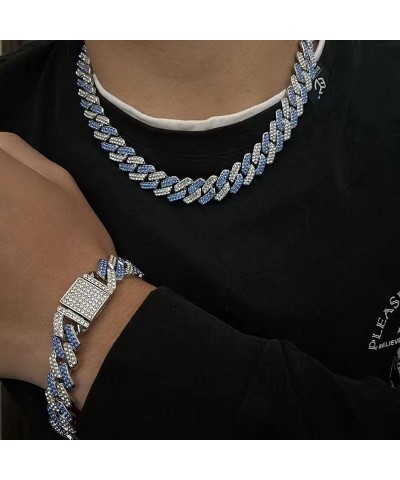 Hip Hop Trendy Diamond Bracelet 14mm Diamond Flap Unisex Hiphop Cuban Chain Thick Necklace Blue Diamond+White Diamond 20 inch...