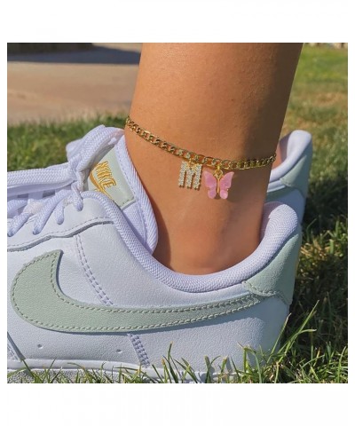 14K Gold Plated Dainty Butterfly Initial Ankle Bracelets Handmade Cuban Chain White Butterfly A-Z Alphabet Letter Initial Ank...