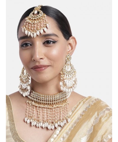 Gold Plated Kundan Jewelry Necklace With Earring Set For Women White 8 $21.59 Jewelry Sets