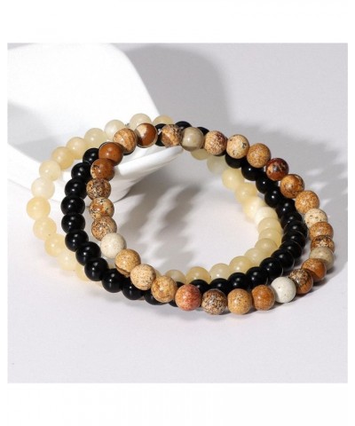 Unisex Natural Stone Black Onyx Rhodonite Rose Quartz 8 mm Gemstone Beaded Elastic Stretch Distance Bracelet 3 pcs/set Stacka...