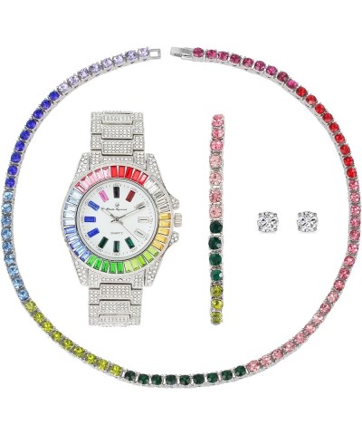 Women's Baguette Cut Rainbow Iced Out Watch combs of you choices With Bling'ed Out Tennis Bracelet or Necklace with Matching ...