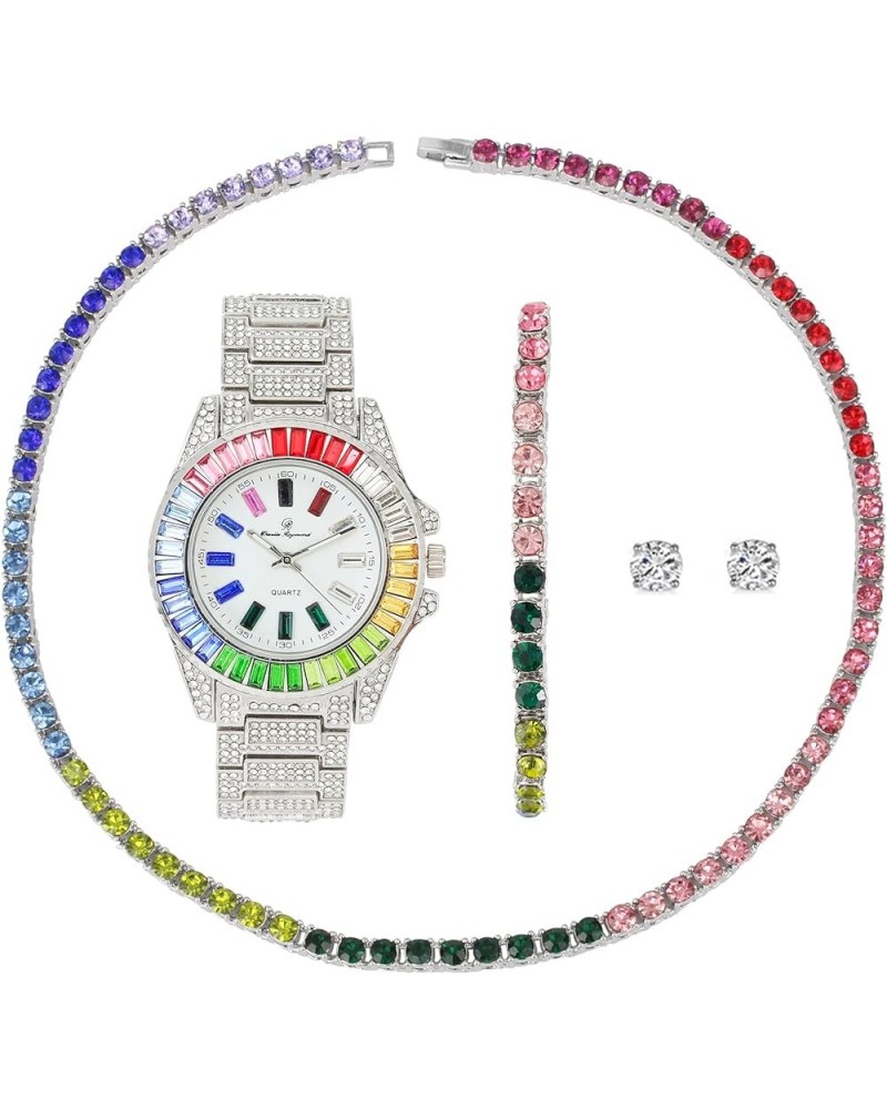 Women's Baguette Cut Rainbow Iced Out Watch combs of you choices With Bling'ed Out Tennis Bracelet or Necklace with Matching ...