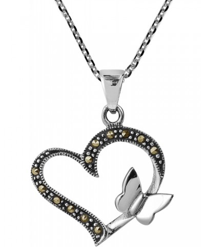 Butterfly Kiss Open Heart Marcasite Style Pyrite .925 Sterling Silver Pendant Necklace $13.14 Necklaces