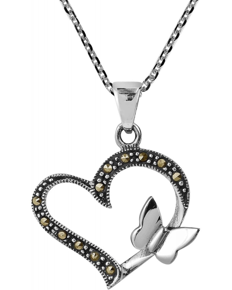 Butterfly Kiss Open Heart Marcasite Style Pyrite .925 Sterling Silver Pendant Necklace $13.14 Necklaces