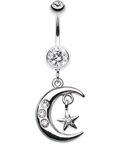 Glistening Moon and Star 316L Surgical Steel Belly Button Ring (Sold by Piece) 14GA, 3/8", Clear $9.68 Body Jewelry