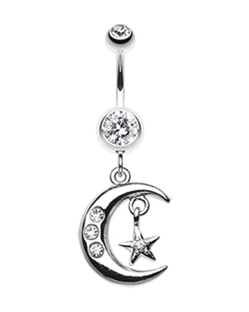 Glistening Moon and Star 316L Surgical Steel Belly Button Ring (Sold by Piece) 14GA, 3/8", Clear $9.68 Body Jewelry