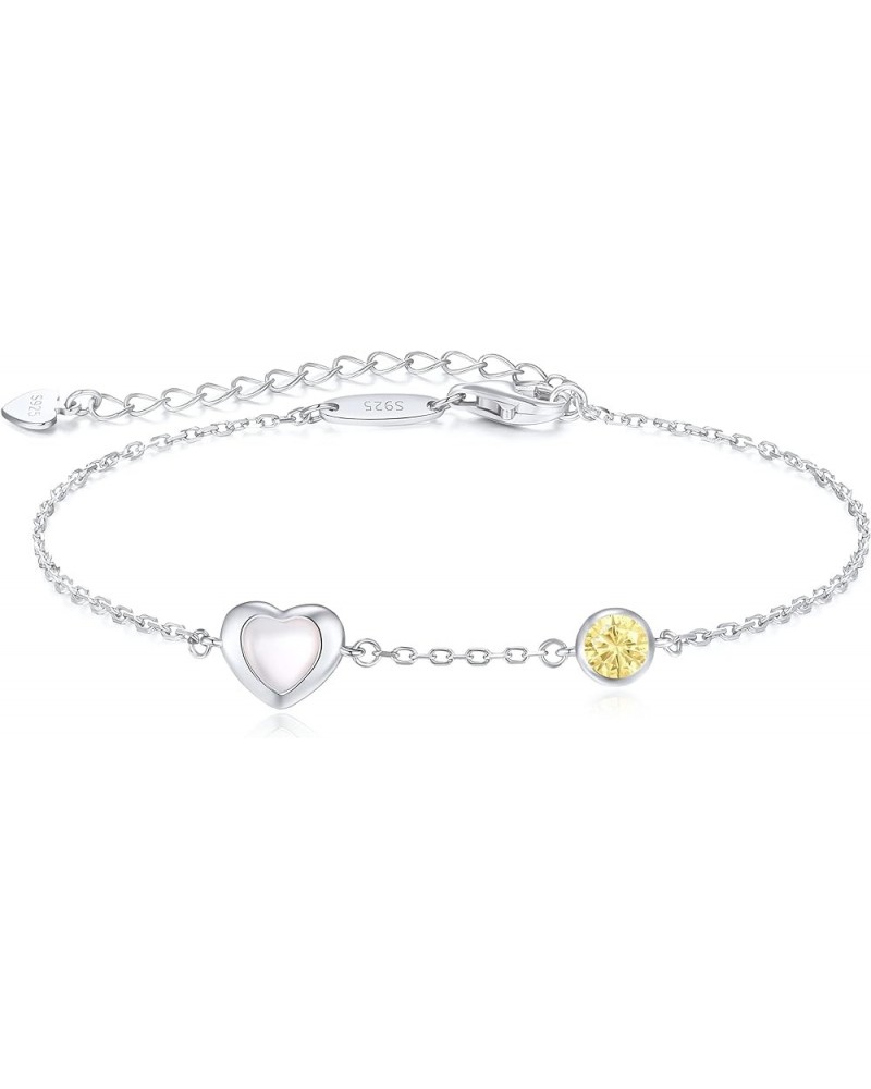 Love Heart Bracelet for Women 925 Sterling Silver Birthstone Charm Link Bracelet with Mother of Pearl Cubic Zirconia Annivers...