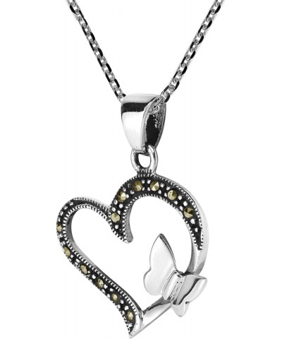 Butterfly Kiss Open Heart Marcasite Style Pyrite .925 Sterling Silver Pendant Necklace $13.14 Necklaces