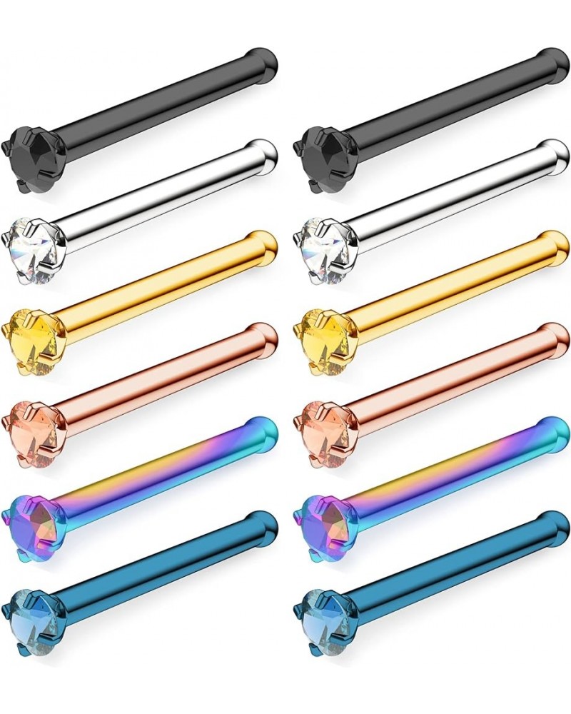 12pcs Nose Ring For Women & Men 2mm CZ Cubic Zirconia - Biocompatible Clear Plastic & Steel Nose Stud Gauge Straight Bar Set ...