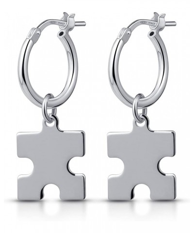 Women 925 Sterling Silver Dangle Hoop Earrings Puzzle Piece Charm $17.69 Earrings