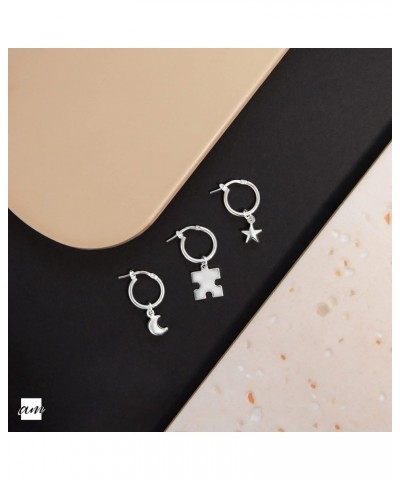 Women 925 Sterling Silver Dangle Hoop Earrings Puzzle Piece Charm $17.69 Earrings