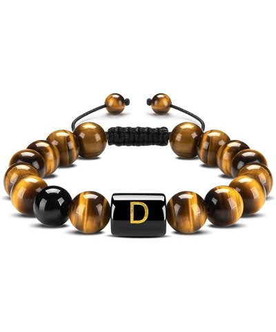 10mm A-Z Initial Letter Natural Yellow Tiger Eye Stone Beads Bracelet Stress Meaningful Adjustable Braided Rope Bracelet for ...