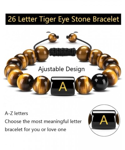 10mm A-Z Initial Letter Natural Yellow Tiger Eye Stone Beads Bracelet Stress Meaningful Adjustable Braided Rope Bracelet for ...