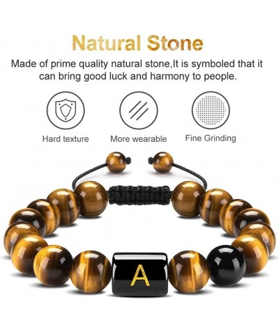 10mm A-Z Initial Letter Natural Yellow Tiger Eye Stone Beads Bracelet Stress Meaningful Adjustable Braided Rope Bracelet for ...