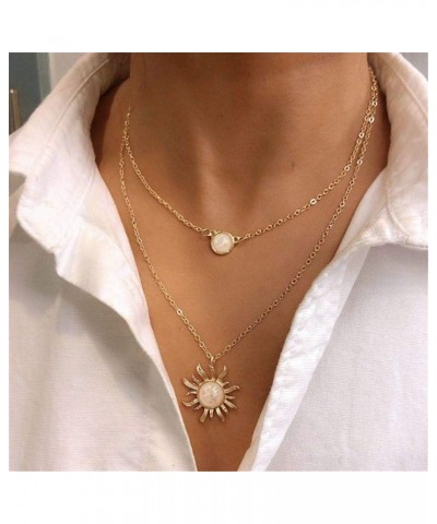 2 Layered Choker Necklace Moon and Sun Sunflower Opal Pendant White Fire CZ Fashion Bolo Style Double Chains Necklace Gift Ch...