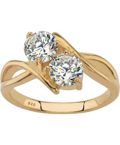 PalmBeach Jewelry Yellow Gold-Plated or Sterling Silver Round Cubic Zirconia 2 Stone Bypass Ring 14k Gold-Plated Sterling Sil...