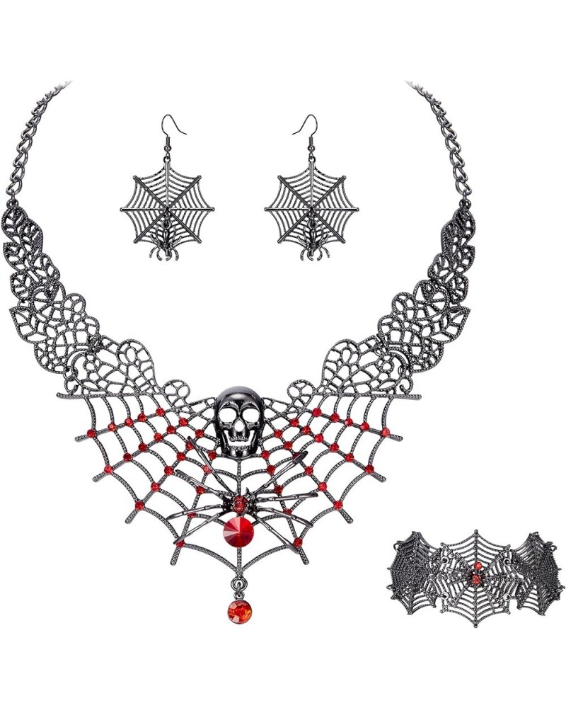 Halloween Costume Spider Cobwebs Crystal Necklace Earrings Set Gothic Skull Pendant Collar Jewelry Set for Women Girls Cospla...