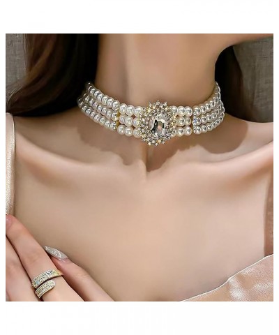 Pearl Choker Necklace for Women Boho Layered Rhinestone Choker Necklace for Girls Round White Dainty Pearl Pendant Necklaces ...