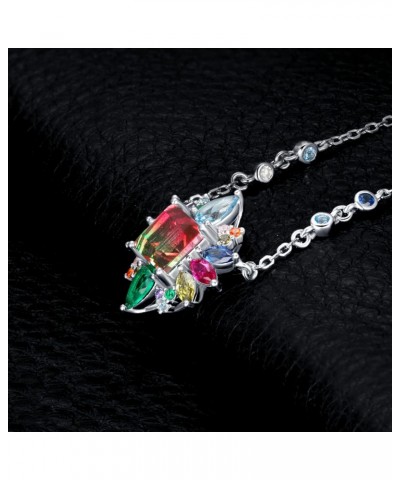 Iridescent 3.8ct Simulated Watermelon Tourmaline Emerald Collar Necklace for Women, Multicolor Gemstone Created Sapphire Ruby...