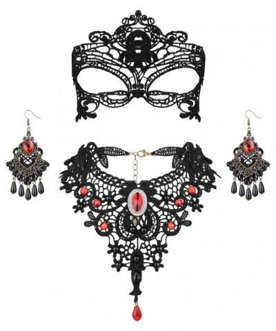 Halloween Black Lace Necklace and Earrings Set for Women Gothic Lolita Red Pendant Choker Mask Lace Dangle Earrings Halloween...