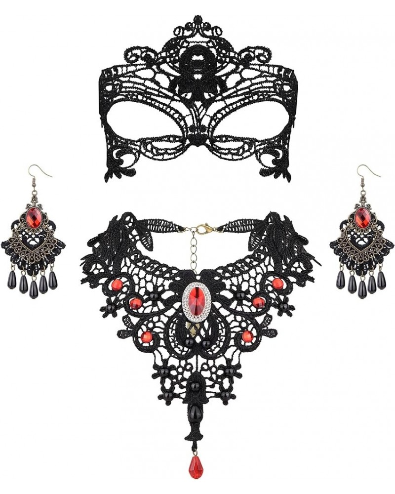 Halloween Black Lace Necklace and Earrings Set for Women Gothic Lolita Red Pendant Choker Mask Lace Dangle Earrings Halloween...