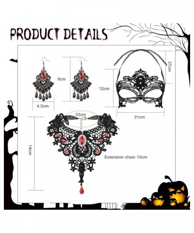 Halloween Black Lace Necklace and Earrings Set for Women Gothic Lolita Red Pendant Choker Mask Lace Dangle Earrings Halloween...