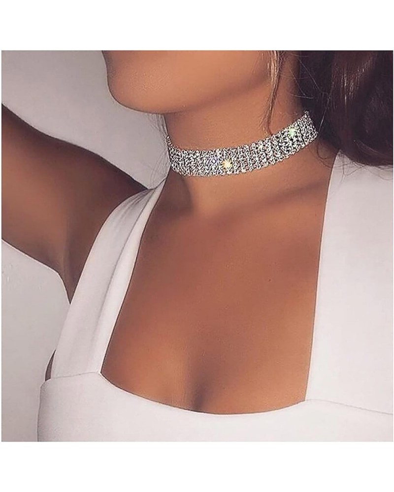 Crystal Choker Necklace Wide Rhinestone Choker Necklace Diamond Collar Jewelry 3Row-8Row Silver Plated for Women Girls 5 Row ...