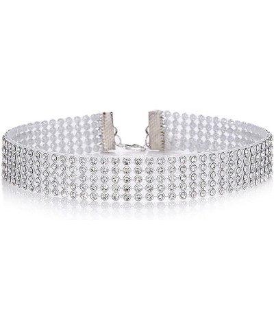 Crystal Choker Necklace Wide Rhinestone Choker Necklace Diamond Collar Jewelry 3Row-8Row Silver Plated for Women Girls 5 Row ...