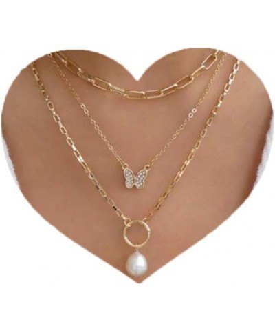 Paperclip Choker Necklaces Butterfly Layered Necklace Gold Hollow out Pearl Pendant Necklace for Women $7.14 Necklaces