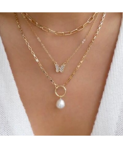 Paperclip Choker Necklaces Butterfly Layered Necklace Gold Hollow out Pearl Pendant Necklace for Women $7.14 Necklaces