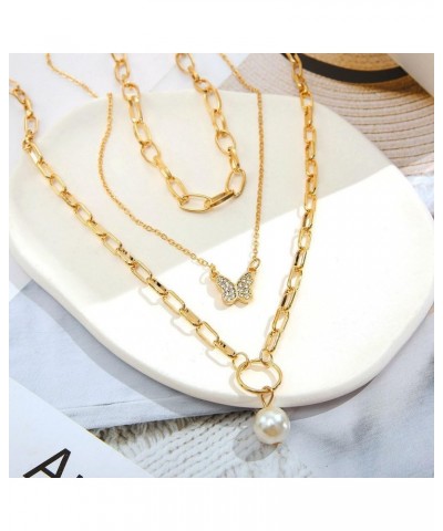 Paperclip Choker Necklaces Butterfly Layered Necklace Gold Hollow out Pearl Pendant Necklace for Women $7.14 Necklaces