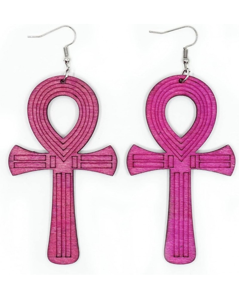 Teri's Boutique Colorful Wood Anka Ankh Cross Life of Symbol Fashion Jewelry Women Dangle Earrings Pink $8.70 Earrings