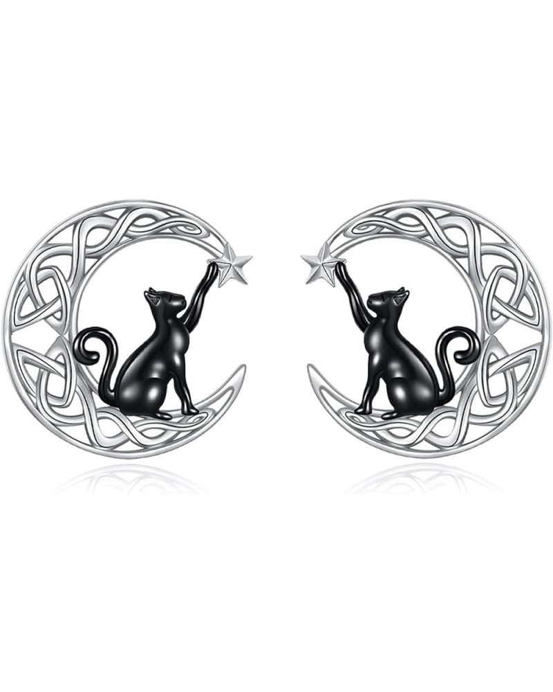 Moon Cat Earrings for Women 925 Sterling Silver Cat Stud Earrings for Girls Animal Earrings Gifts Celtic Moon Black Cat $14.5...