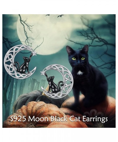 Moon Cat Earrings for Women 925 Sterling Silver Cat Stud Earrings for Girls Animal Earrings Gifts Celtic Moon Black Cat $14.5...