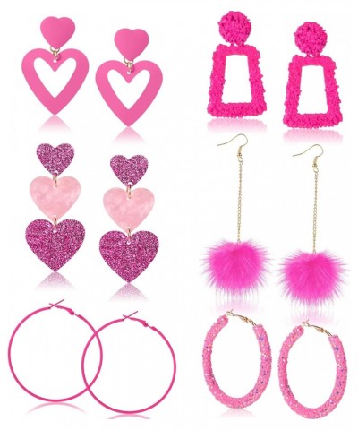 6 Pairs Valentine's Day Pink Earrings Set Hot Pink Heart Earrings Boho Glitter Sequins Hoop Earrings Rabbit Fur Pom Pom Drop ...