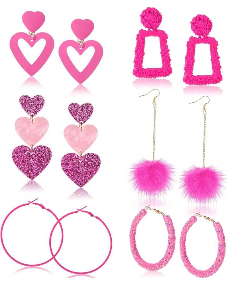 6 Pairs Valentine's Day Pink Earrings Set Hot Pink Heart Earrings Boho Glitter Sequins Hoop Earrings Rabbit Fur Pom Pom Drop ...