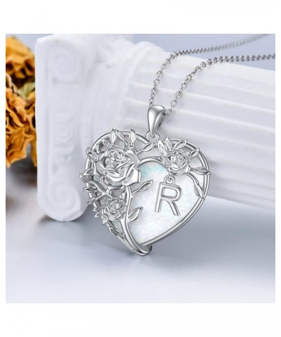 Necklaces for Women Women Necklace Sterling Silver Heart Rose Flower A-Z Letter Initial Pendant with Heart Opal Birthday Chri...