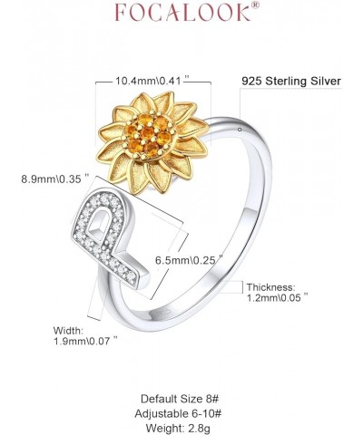 925 Sterling Silver Fidget Anxiety Ring for Women Stress Anxiety Relief Sunflower Spinner Ring Cubic Zirconia Initial Letter ...