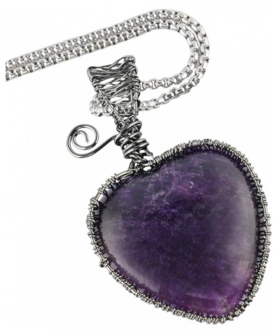 Heart Necklace Wire Wrapped Healing Crystal Pendant with Chain Charm Stone Jewelry for Women Amethyst $13.22 Pendants