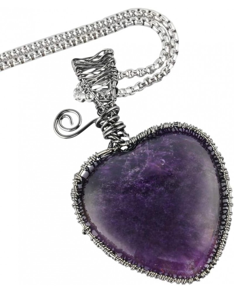 Heart Necklace Wire Wrapped Healing Crystal Pendant with Chain Charm Stone Jewelry for Women Amethyst $13.22 Pendants