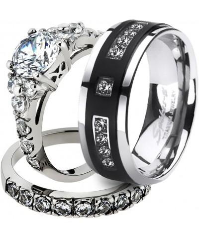 His and Her Stainless Steel 2.50 Carat Cubic Zirconia Bridal Set and Men's Titanium Wedding Band Women's Size 06 Men's Size 1...