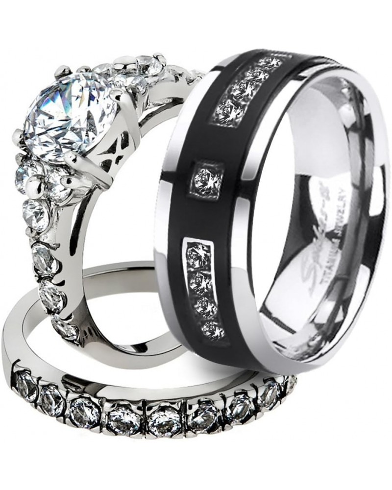 His and Her Stainless Steel 2.50 Carat Cubic Zirconia Bridal Set and Men's Titanium Wedding Band Women's Size 06 Men's Size 1...