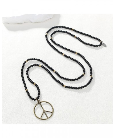 Classic Peace Sign Necklace Love Hippie Pendant Frosted Crystal Beaded Necklace for Women (Grey White) Matte Black $10.82 Nec...